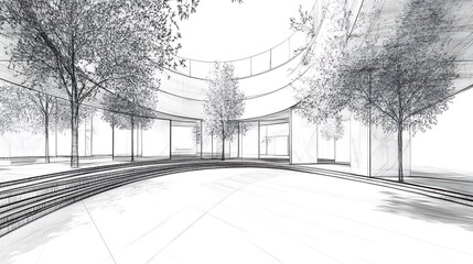 Fototapeta premium Serene Sketch: Architectural Design Illustration of a Curving Courtyard with Trees. AI Generated