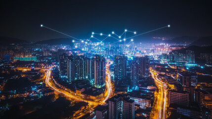 Fototapeta premium Smart digital city with connection cyber security network reciprocity over the cityscape . future smart wireless digital city and social media networking systems that connects people within the city