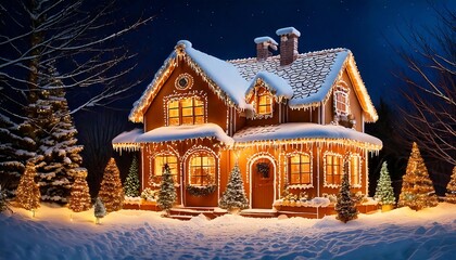 Fototapeta premium Gingerbread house exterior with a snow-covered roof, Christmas lights, and holiday decorations 