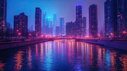 Fototapeta premium A glowing city skyline at night with neon lights reflecting on the water. 