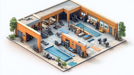 Isometric view of a home gym with various equipment, including treadmills, weight machines, and a swimming pool.