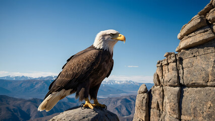 A close-up of an eagle's head, highlighting its piercing golden eyes and sharply curved beak, set against a softly blurred natural background of lush greenery, ultra-detailed and perfect for wildlife 
