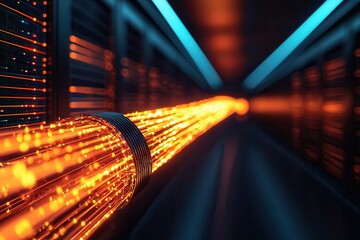 Fiber optic networks transmit data via lasers. Glowing data transmission in a high-tech server environment.