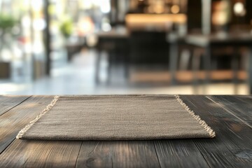 Rustic brown placemat on dark wooden table, blurred cafe background.