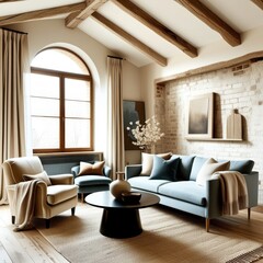 Cozy living room, vaulted ceiling with wooden beams, exposed brick wall, arched windows, blue velvet sofa, curved cream armchairs, minimalist coffee table, neutral color palette, natural light, textur