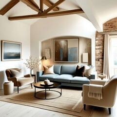 Fototapeta premium Cozy living room, vaulted ceiling with wooden beams, exposed brick wall, arched windows, blue velvet sofa, curved cream armchairs, minimalist coffee table, neutral color palette, natural light, textur