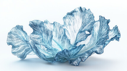 Obraz premium A glowing pastel-blue cabbage, its leaves radiating subtle shades of turquoise and silver highlights, sharp and striking against a seamless white background. Hyperrealism with focus on delicate textur