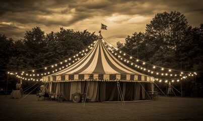 A classic striped tent illuminated at night. AI.