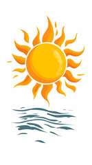 Naklejka premium Summer Sun Over Ocean Waves, A Vibrant Illustration of Sunny Day at Sea, Evoking Feelings of Warmth, Relaxation, and Joyful Escape.