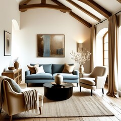 Fototapeta premium Cozy living room, vaulted ceiling with wooden beams, exposed brick wall, arched windows, blue velvet sofa, curved cream armchairs, minimalist coffee table, neutral color palette, natural light, textur