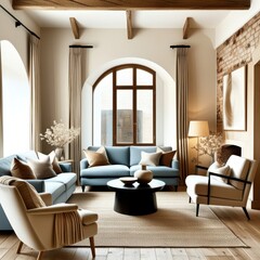 Cozy living room, vaulted ceiling with wooden beams, exposed brick wall, arched windows, blue velvet sofa, curved cream armchairs, minimalist coffee table, neutral color palette, natural light, textur