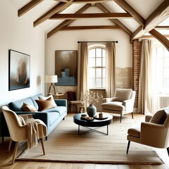 Fototapeta premium Cozy living room, vaulted ceiling with wooden beams, exposed brick wall, arched windows, blue velvet sofa, curved cream armchairs, minimalist coffee table, neutral color palette, natural light, textur