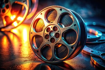 Obraz premium Moody, cinematic film reel, bathed in low light, evokes a dark, night-shot mystery.