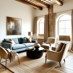 Fototapeta premium Cozy living room, vaulted ceiling with wooden beams, exposed brick wall, arched windows, blue velvet sofa, curved cream armchairs, minimalist coffee table, neutral color palette, natural light, textur