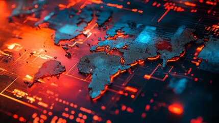 Futuristic Digital World Map with Glowing Edges and High-Tech Background, Perfect for Technology, Cyber Security, and Data Visualization Themes