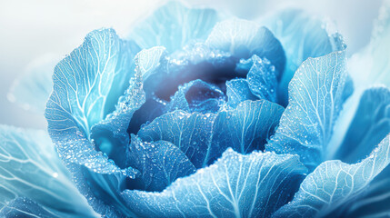 Obraz premium A glowing pastel-blue cabbage, its leaves radiating subtle shades of turquoise and silver highlights, sharp and striking against a seamless white background. Hyperrealism with focus on delicate textur