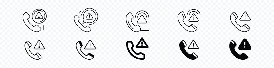 Phone call icons with warning sign.  phone calling with handset and attention sign. Icon of voice phishing. No Phone Calls, Incoming scam phone call warning displayed