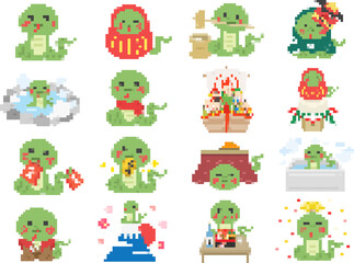 巳年の、蛇のキャラクターのドット絵のイラストセット