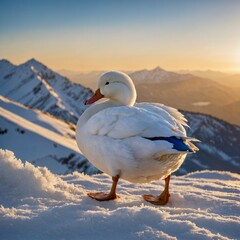 A snow-white furred duck with shimmering blue accents waddling on a snowy mountain peak under a golden sunrise.