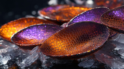 A close-up photograph of artistically arranged sea cucumbers on ice shards, featuring striking red-orange and iridescent purple tones, the image displays immaculate detailing with smooth textures and 