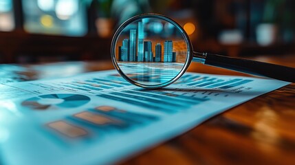 Magnifying glass focusing on a digital cityscape over business charts, symbolizing analysis, innovation, and urban development in a modern corporate environment.