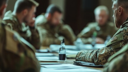 Military Personnel Engaged in Serious Discussion Around Conference Table During Strategic Planning Meeting with Focus on Camouflage Uniforms and Documents