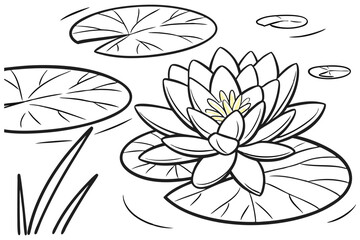 A serene water lily on a pond, surrounded by floating leaves with textured veins decorated for coloring page color white background E.eps