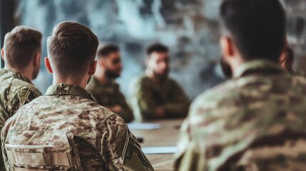 Military Personnel Engaged in Serious Discussion During Meeting around Table in Modern Conference Room, Focus on Camouflage Uniforms and Collaborative Environment