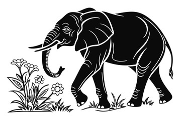 An elephant is bending down to smell the flowers black color line art white background C.eps