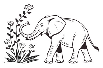 An elephant is bending down to smell the flowers black color line art white background E.eps