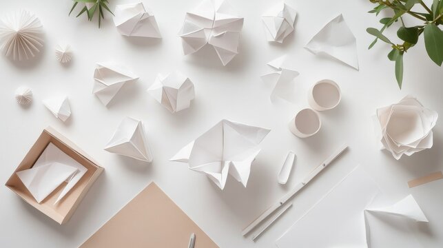 A meticulous origami setup in a quiet study, Origami paper and folding tools neatly arranged, Minimalist artistic style