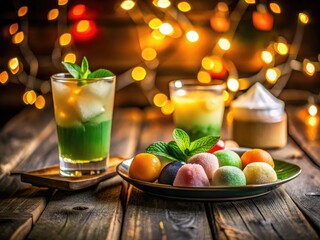Fototapeta premium Night photography captures the vibrant hues of Thai iced tea, green tea, and delectable mochi.