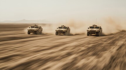 Military vehicles speeding through desert terrain, showcasing power and mobility in an arid landscape with dust clouds rising from the ground