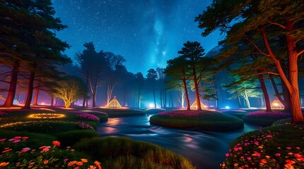 Spring Forest Mountain River in Nebula Starry Night