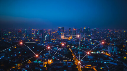 Fototapeta premium Smart digital city with connection cyber security network reciprocity over the cityscape . future smart wireless digital city and social media networking systems that connects people within the city