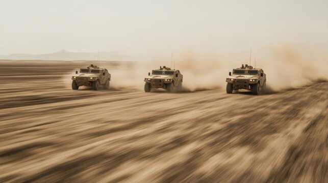 Military vehicles speeding through desert terrain, showcasing power and mobility in an arid landscape with dust clouds rising from the ground