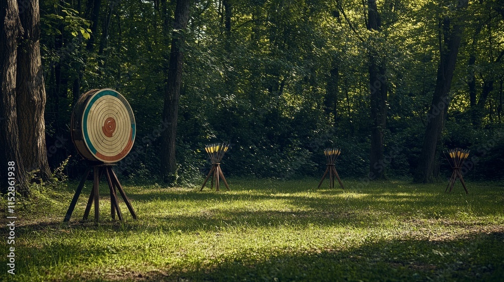 Poster a meticulously arranged archery range in a quiet woodland clearing, bows and arrows neatly set again