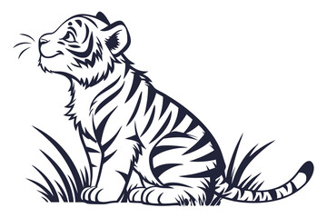 Baby tiger setting grass clean silhouette color white background F.eps