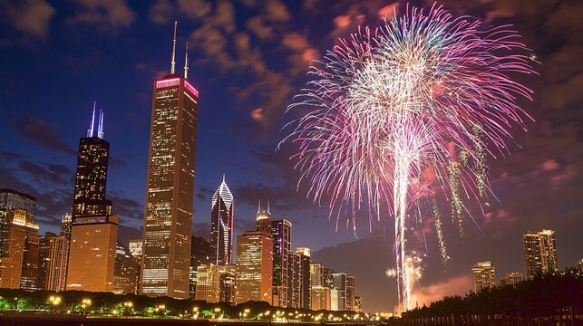Vibrant fireworks illuminate the night sky above a city skyline, with colorful bursts reflecting off skyscraper windows and creating a festive atmosphere.
