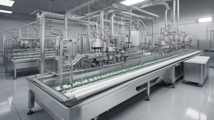Fototapeta premium Factory production line of natural yoghurts, large steel tanks and equipment in empty space with no people.