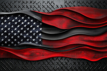 American flag on black steel plate background. USA flag background along with fabric waves. USA national day, freedom concept