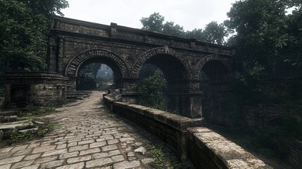 Ancient Stone Arch Bridge in a Misty Forest