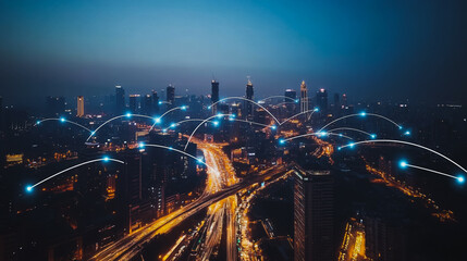Fototapeta premium Smart digital city with connection cyber security network reciprocity over the cityscape . future smart wireless digital city and social media networking systems that connects people within the city