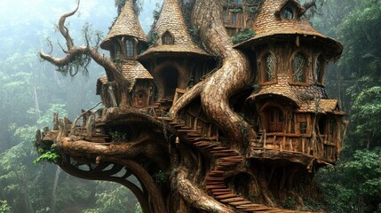 Naklejka premium Enchanted treehouse nestled within a misty forest, featuring intricate wooden structures, cozy design, and winding pathways.