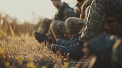 Soldiers Resting in Camouflage Gear with Military Footwear Sitting in Sunlit Field Surrounded by Grass and Nature During Sunset or Sunrise