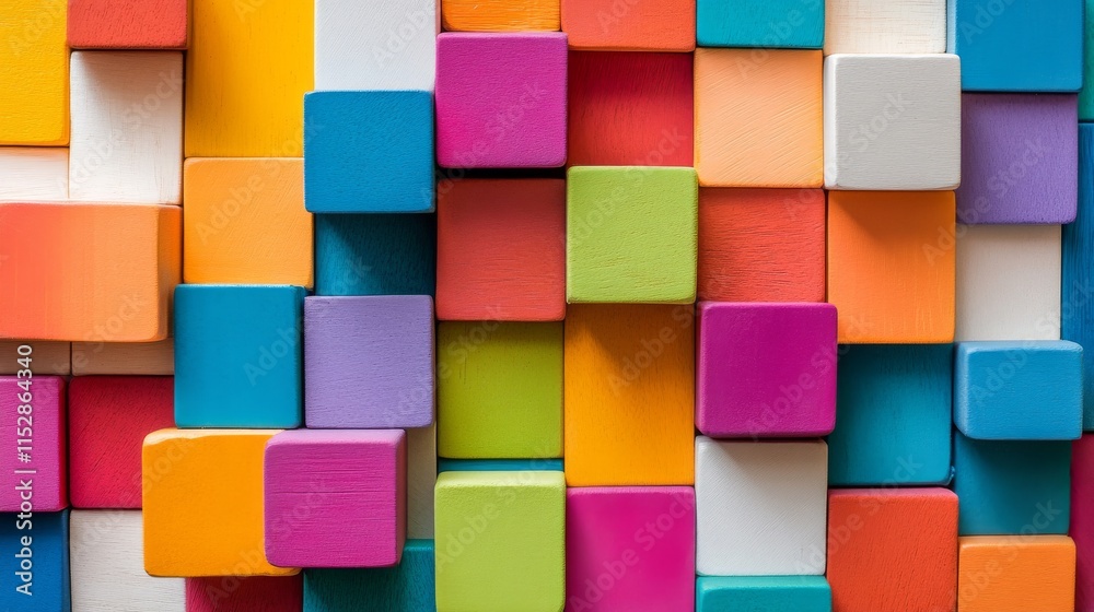 Poster a meticulously arranged block-building scene, colorful blocks artistically stacked and balanced, mod