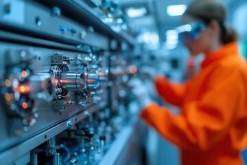 Fiber optic networks transmit data via lasers. Scientist working with advanced lab equipment in orange uniform.