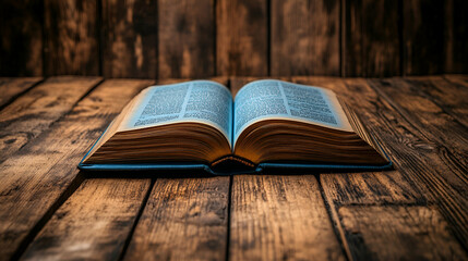 Open Antique Book on Rustic Wooden Table, Rests Calmly.  Knowledge, Wisdom, History, and Stories.
