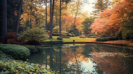 Obraz premium Autumnal Garden Pond Reflecting Colorful Trees