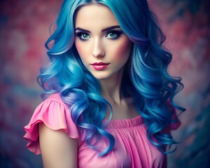 Fototapeta premium A stunning woman with long, wavy blue hair poses gracefully in soft pink attire. The vibrant, dreamlike background enhances her ethereal beauty, creating a captivating atmosphere